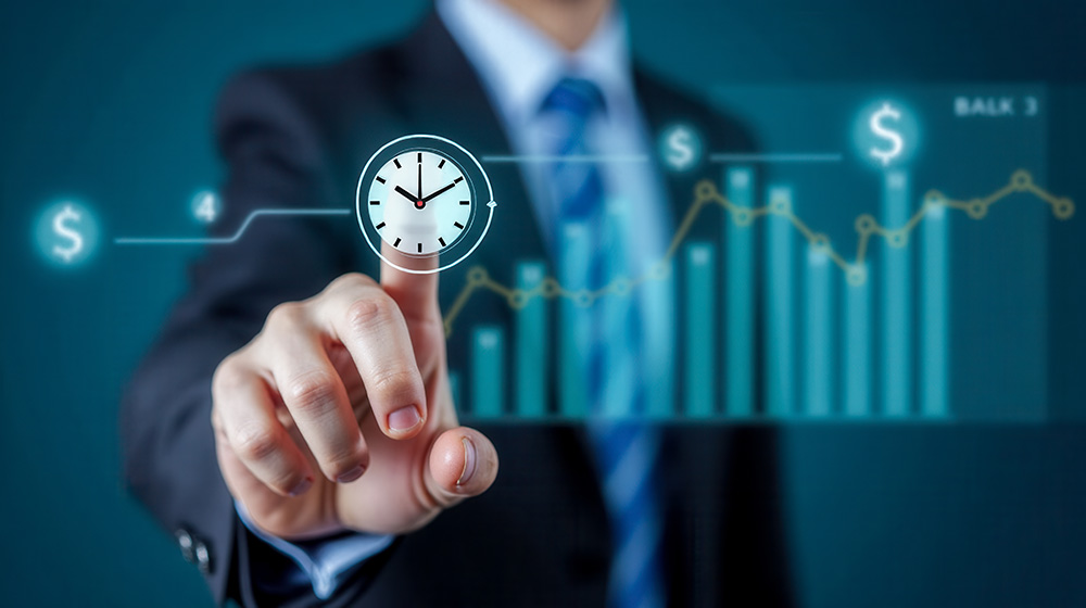 Corporate professional in suit interacting with clock icon highlighting