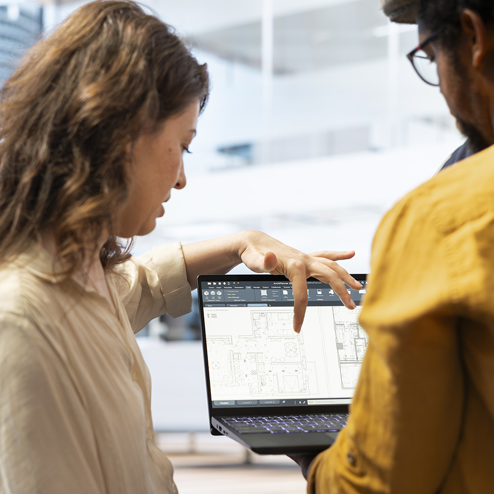 Businesswoman explaining her renovation vision on a laptop